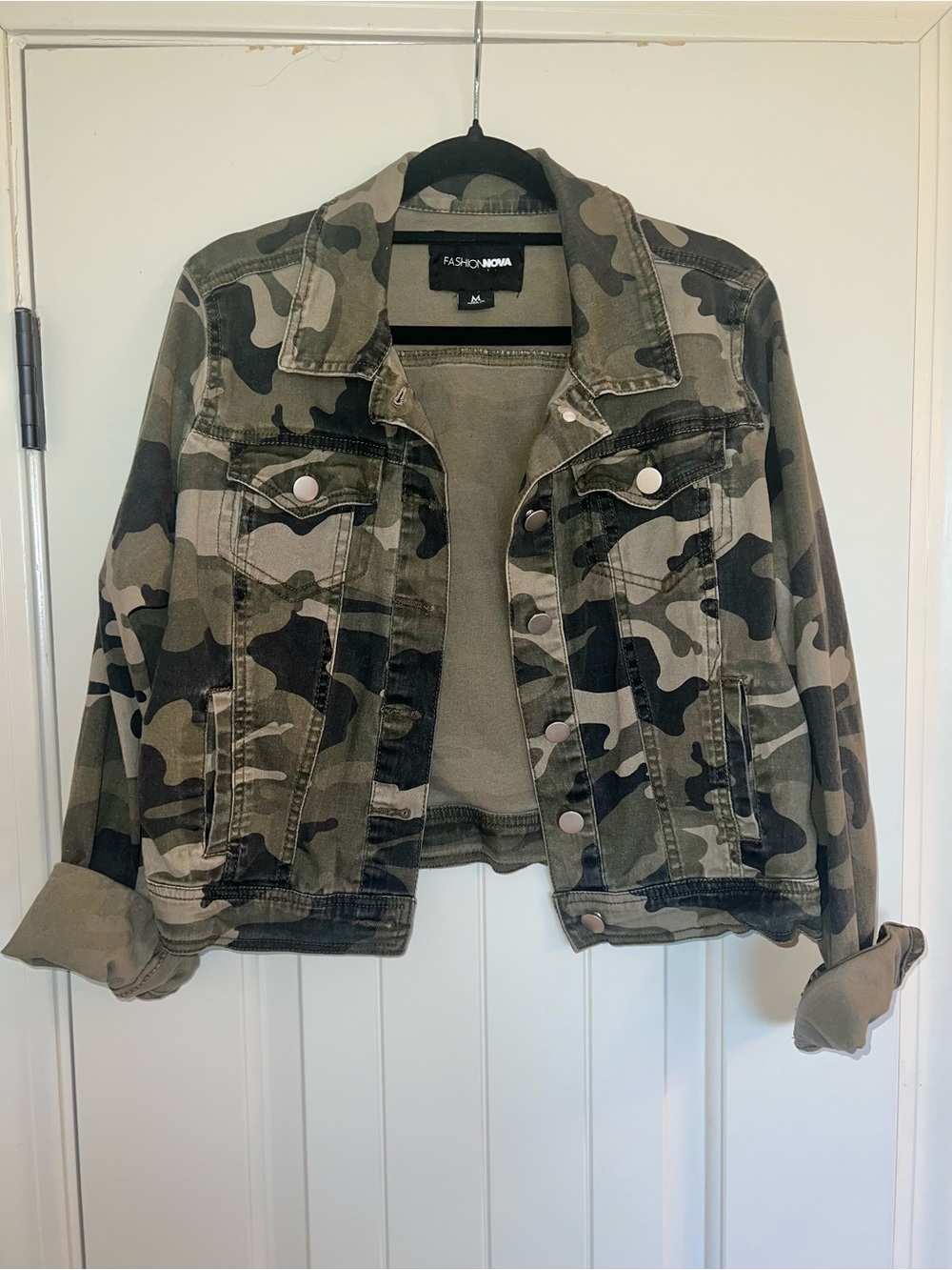 Fashion Nova Olive Green Camo Cropped Denim Jacket